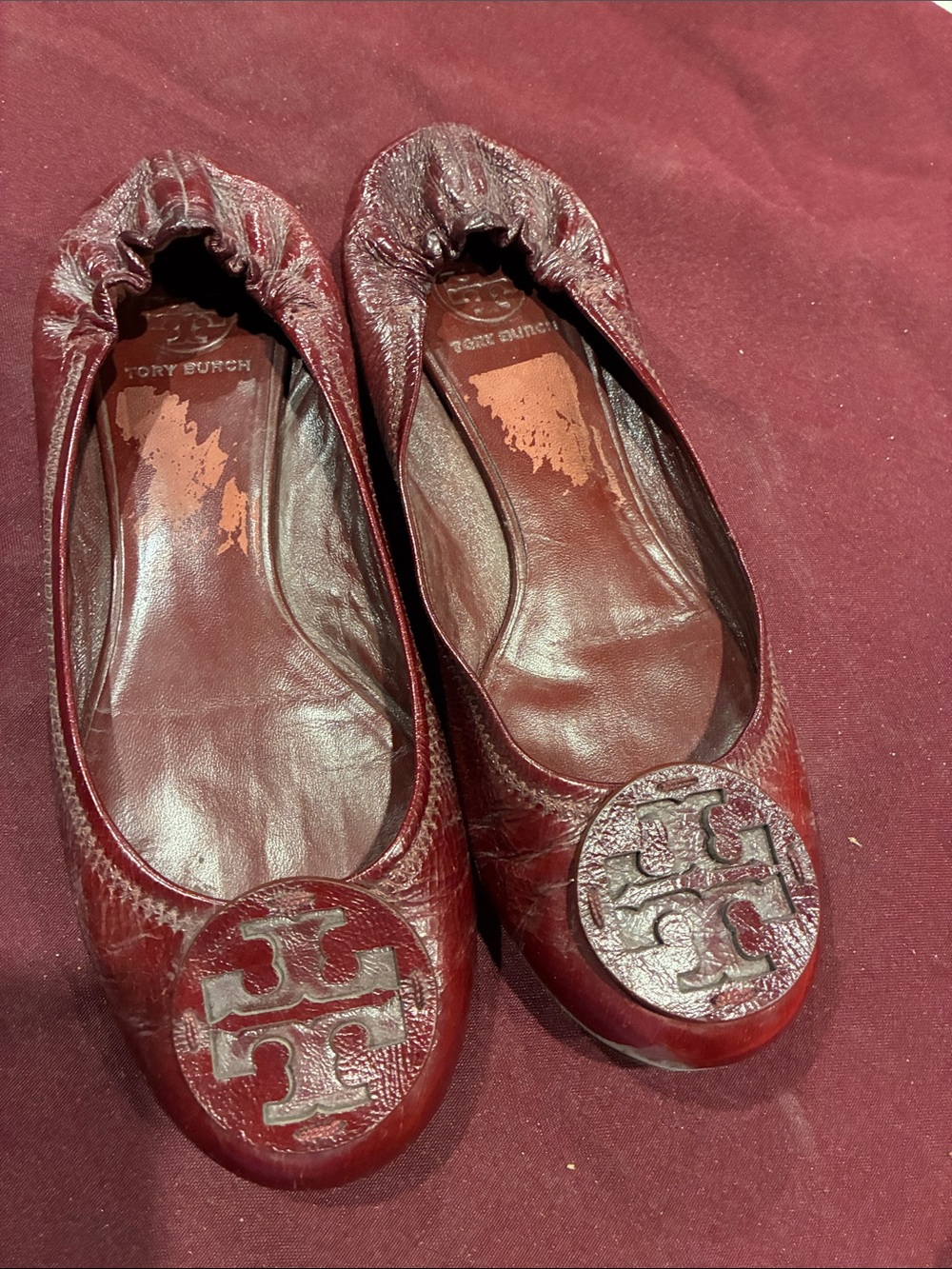 Tory Burch Wine Leather Logo Ballet Flats